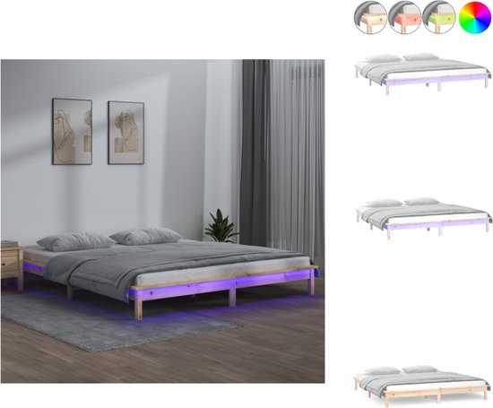 vidaXL Houten Bedframe - LED-verlichting - Massief Grenenhout - 120 x 190 cm - Met RGB LED-verlichting - Bed
