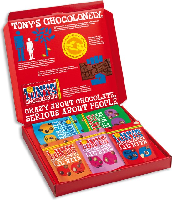 Foto: Tony s chocolonely lil bits chocolade verjaardag cadeau geschenkdoos chocola balletjes mini chocolaatjes snacks choco snoepjes 5 x 120 gram geschenkdoos voor man en vrouw