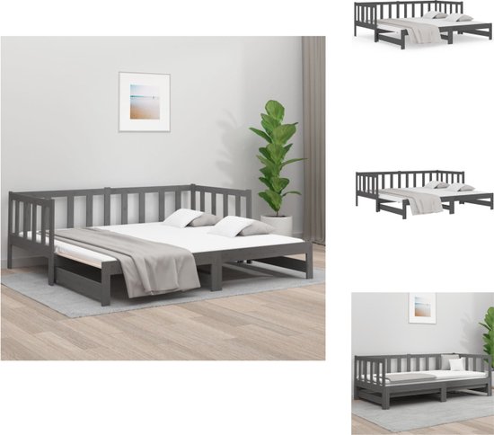 vidaXL Slaapbank Logeerbed - Massief grenenhout - Uitschuifbaar - Grijs - 193.5 x 181 x 66 cm - Geschikt voor 90 x 190 cm matrassen - 2 stuks vereist - Bed