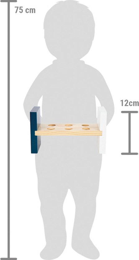 Silhouet van een kind van 75 cm hoog, met de hamerbank die 12 cm hoog is.