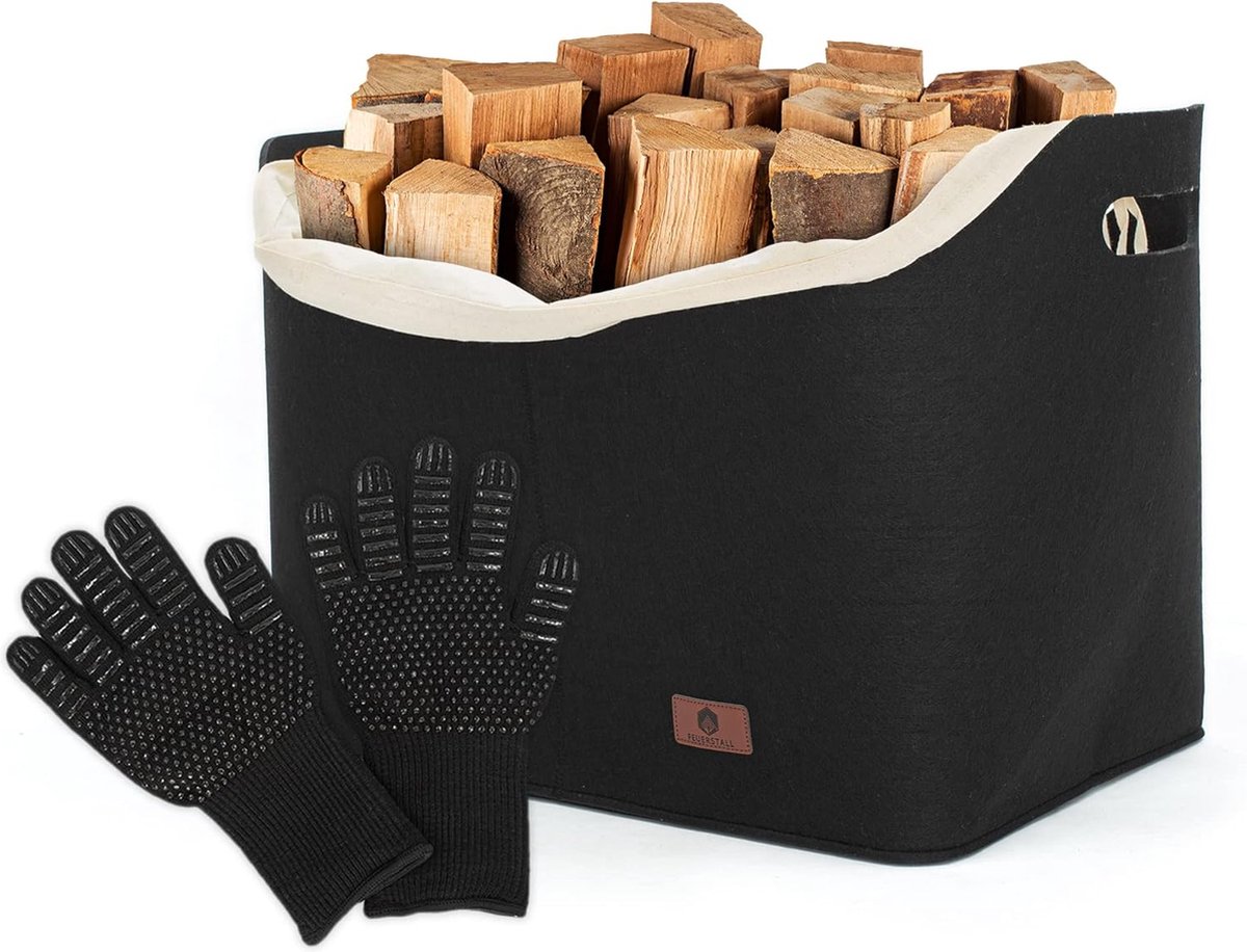 Haardhoutzak met uitneembare binnenzak, vilten haardhoutmand met handschoen, robuuste en opvouwbare vilten tas, haardaccessoires