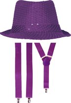 Carnaval verkleed set - hoedje en bretels - paars - dames/heren - glimmende verkleedkleding