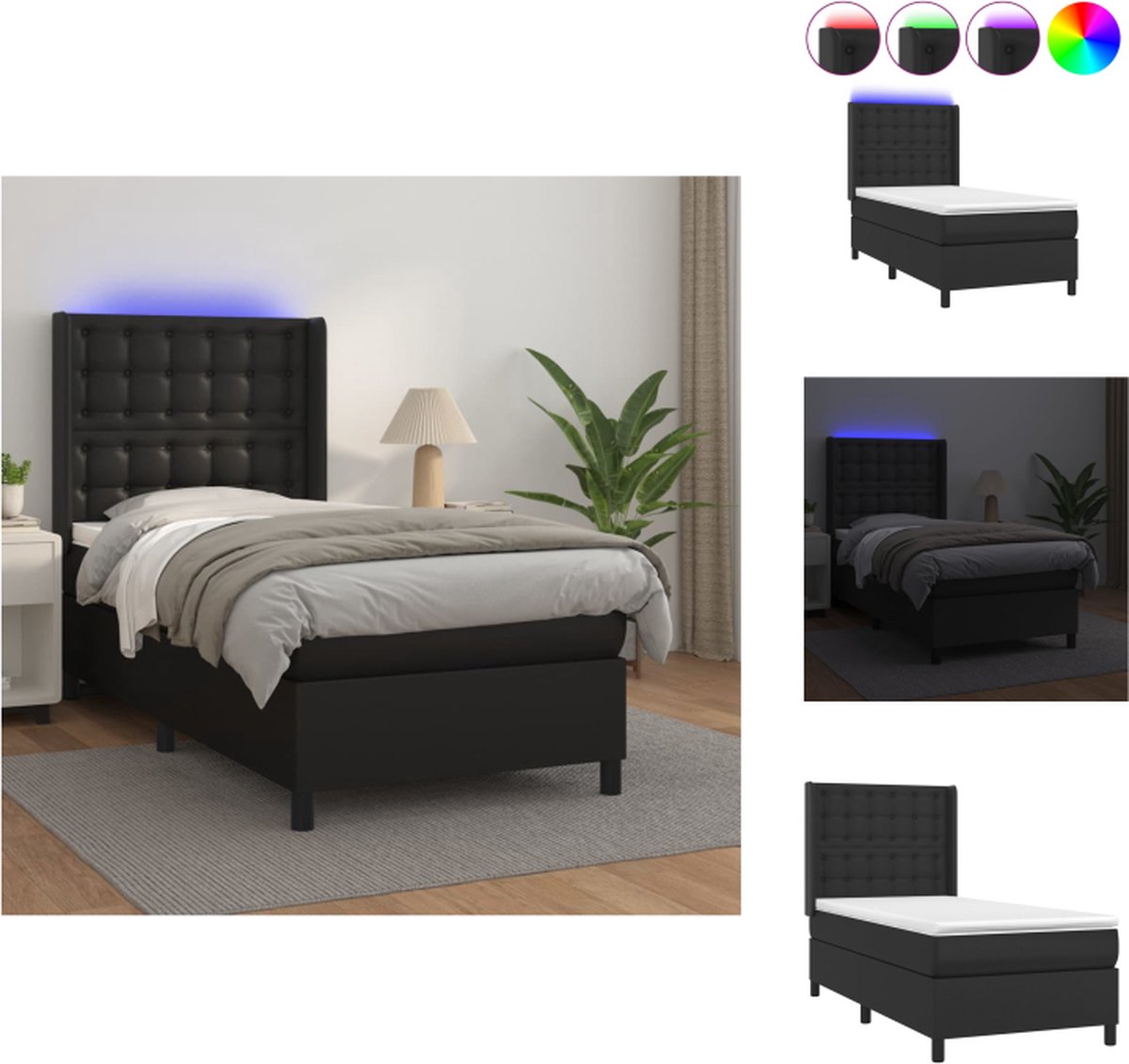VidaXL Boxspring Zwart LED 203x103x118 128cm Hoogwaardig kunstleer Verstelbaar hoofdbord Kleurrijke LED-verlichting Pocketvering matras Huidvriendelijk topmatras USB-aansluiting Bed