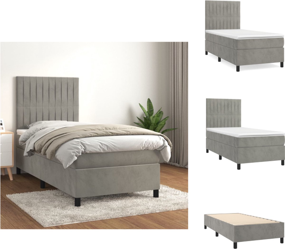 VidaXL Boxspringbed Zacht fluweel Praktisch hoofdbord Pocketvering matras Middelharde ondersteuning Huidvriendelijk topmatras Lichtgrijs Afmetingen- 203 x 83 x 118 128 cm Bed