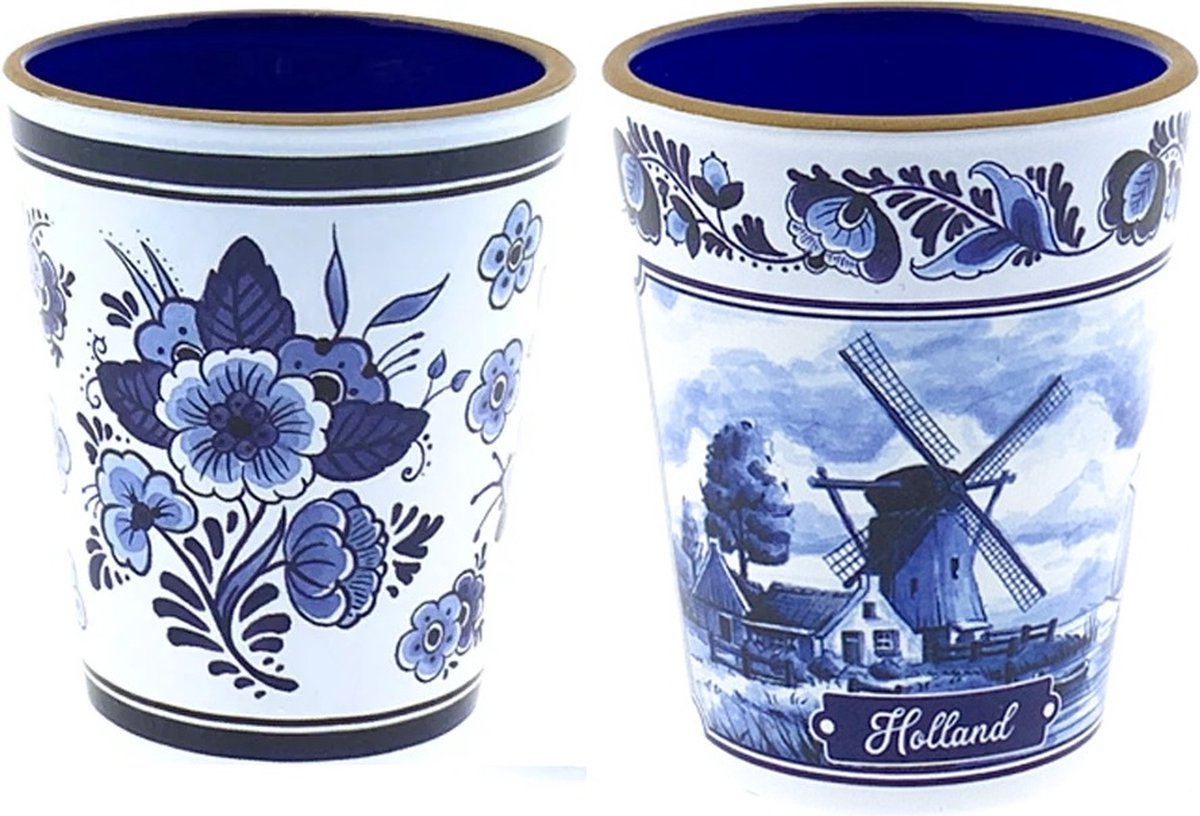 Shotglaasjes typisch Hollands Delftsblauw molen en bloemen set van 2