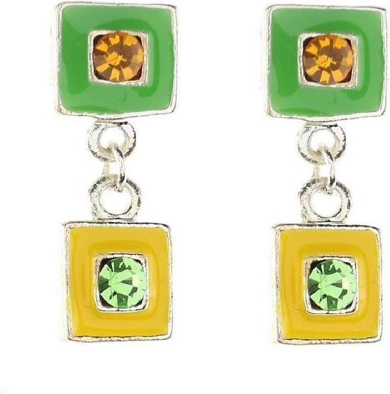 Behave Boucles d'oreilles pendantes carrées vertes avec jaune et pierres