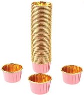 50 Stuks Mini Muffin Cupcake Bakvormen – Luxe Papieren Bak Vormpjes – roze/ Goud