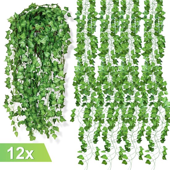 Guirlande de Lierre - 12 Pièces - 2,4 m - Plante Artificielle Suspendue - avec 80 feuilles - Plante de Décoration pour Maison, Jardin, Mariages - Haie Artificielle - Pour intérieur et extérieur - fausses plantes