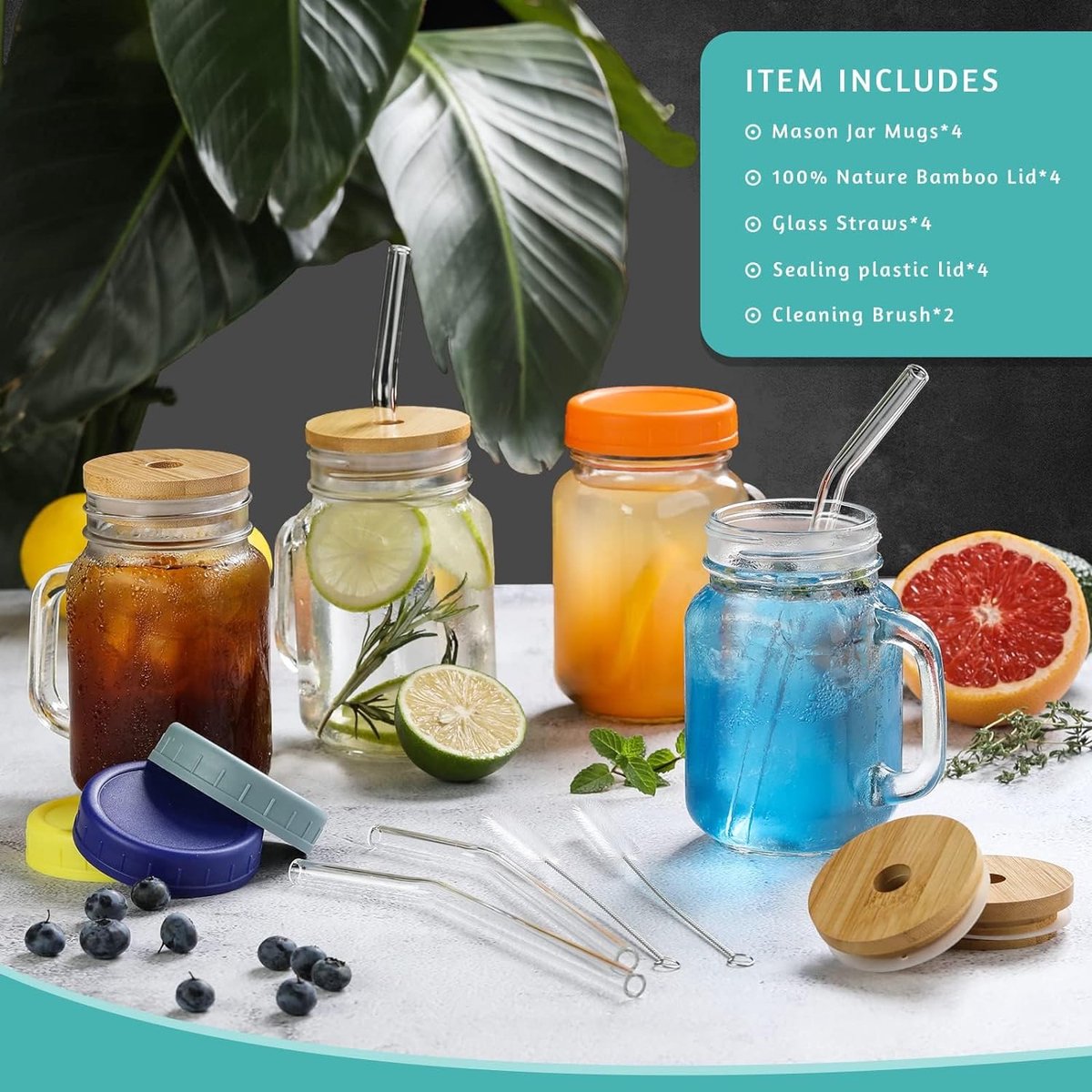 JORTINE Drinkglas Med Sugrör Och Lock, Mason Jar 4-Pack, Cocktail Och Smoothie Glas Set, Mugg Med Handtag för Vatten, Kaffe, Soda - Presentidé JORTINE Drinkglas Med Sugrör Och Lock, Mason Jar 4-Pack, Cocktail Och Smoothie Glas Set, Mugg Med Handtag för Vatten, Kaffe, Soda - Presentidé