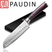 PAUDIN N5 Couteau Santoku japonais professionnel en acier inoxydable 17,5 cm - Lame tranchante comme un rasoir en acier inoxydable allemand de haute qualité - Motif Damas