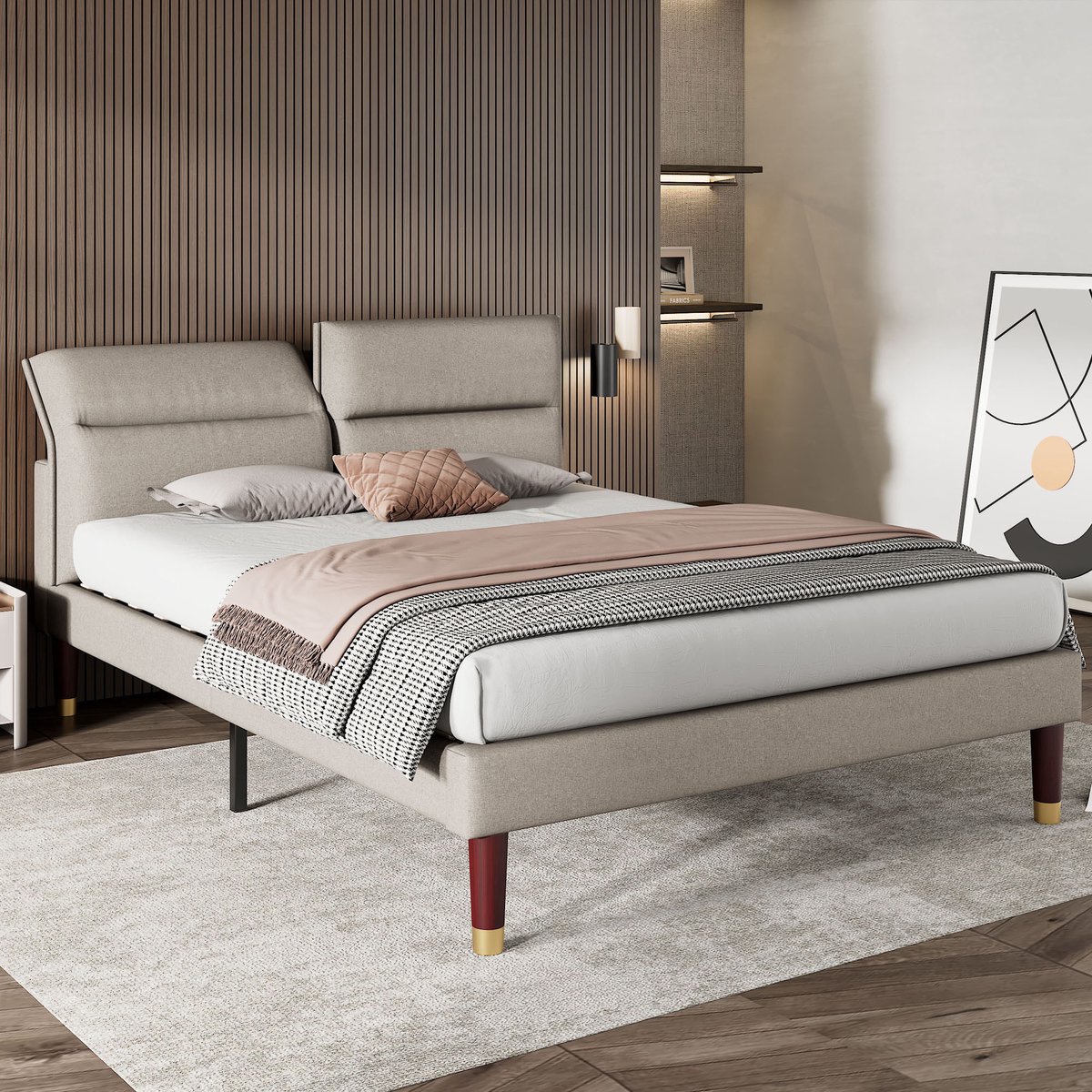 Gestoffeerd bed - tweepersoonsbed met verstelbaar hoofdeinde - houten lattenbodem - 160x200cm linnen-beige grijs