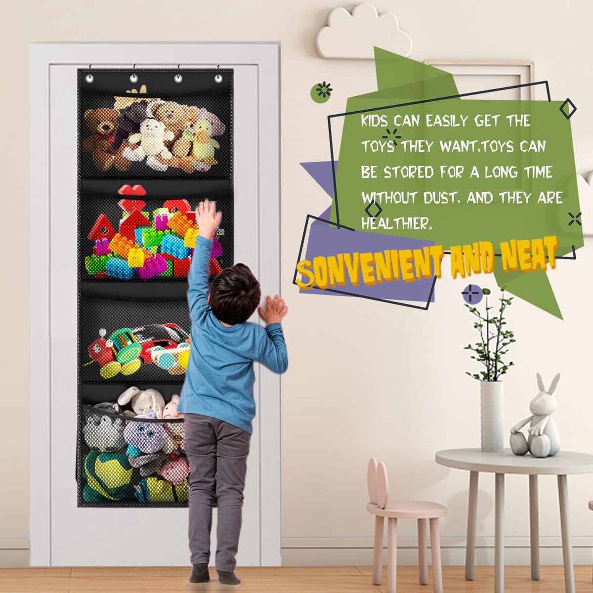 JanYoo Speelgoedopslag knuffeldier, 142 x 106 x 106 cm, opbergnet, kinderkamer, hangend speelgoed, organizer, stoffen dier, hangmat voor knuffeldieren, hoekspeelgoed, net voor slaapkamer, paars