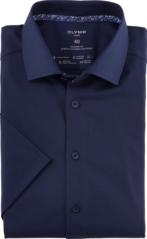 OLYMP Luxor 24/7 modern fit overhemd - korte mouw - structuur - marineblauw - Strijkvriendelijk - Boordmaat: 41