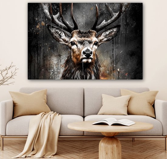 Tableau toile 120x80 cm - Cerf noir - Accessoires décoration chambre - Peintures salon tête de cerf - Décoration murale tête d'animal chambre - Décoration murale cuisine - Toile murale intérieur - Décoration maison
