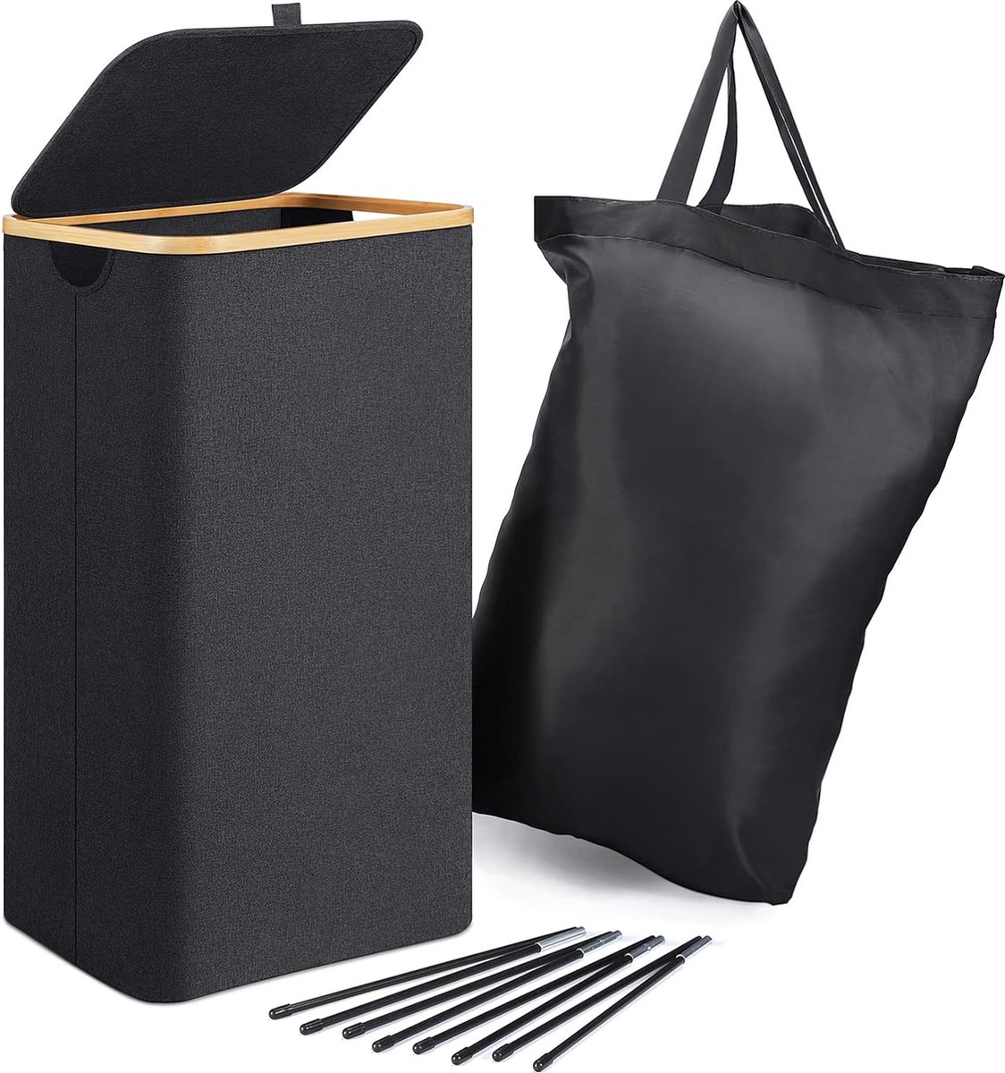 Goedkoopste Wasmand met deksel, opvouwbare wasmand, smal met afneembare waszak, wasmanden, zwarte waspuff, 70 x 39 x 29 cm.