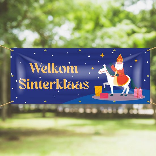 Foto: Spandoek welkom sinterklaas 200 x 75 cm sinterklaas op paard winkel sinterklaasintocht sinterklaasavond