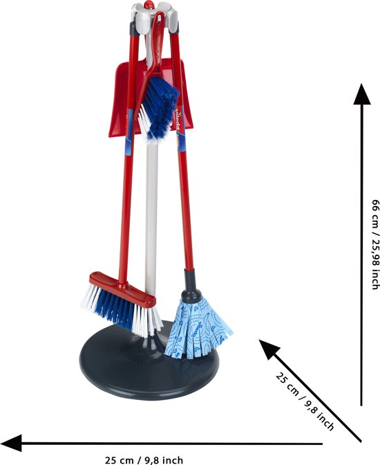 Klein Toys Vileda schoonmaakstation - stoffer, blik, bezem en dweil - incl. station voor ophangen en opbergen - 25x25x66 cm - rood blauw zwart - Klein