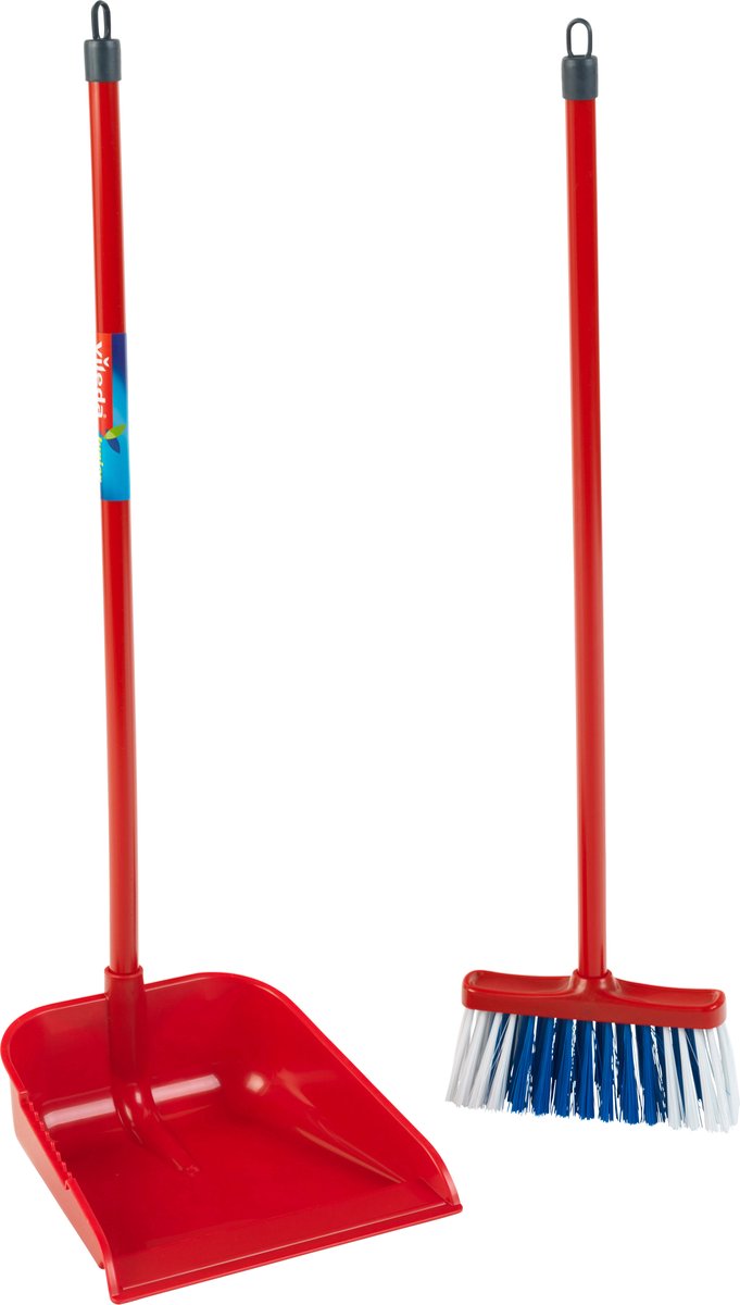 Klein Toys Vileda langsteelstoffer en blik - 56 cm lange steel - 55,5 cm lange bezem - rood blauw - Klein