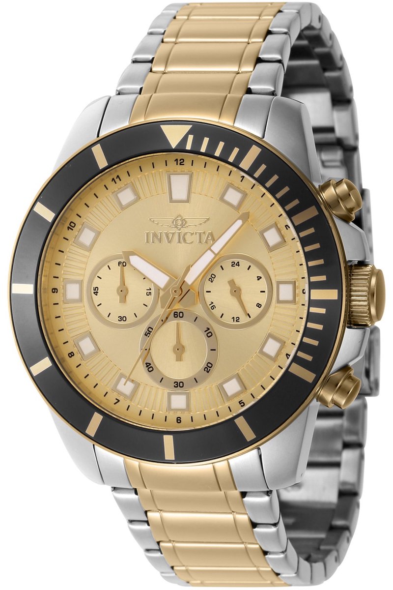 Invicta Pro Diver 46049 Heren Horloge - Waterdicht - Analoog - Quartz Uurwerk - Roestvrij Staal met gouden Wijzerplaat - 45mm