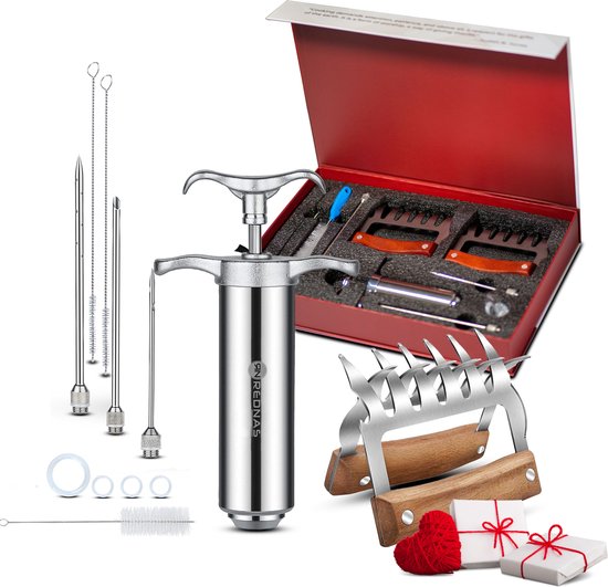 Rednas Marinade Injectiespuit met Vleesklauwen - BBQ Set - incl. giftbox - BBQ Accessoires - Meat Injector - Vleesklauwen - Meat Claws - RVS