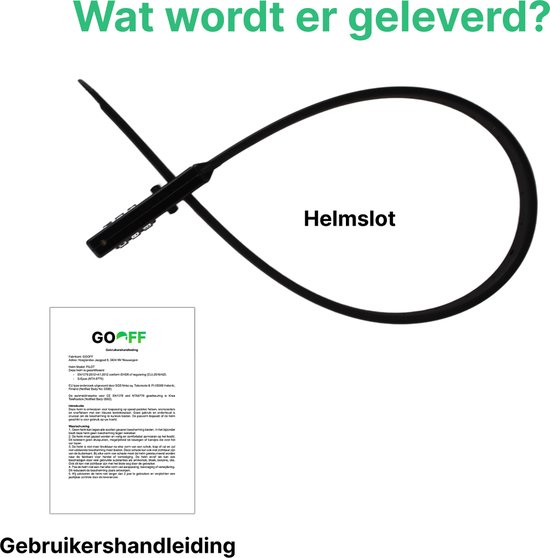 Een zwart helmslot met cijferslot en een gebruikershandleiding ernaast.