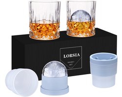 Whiskyglazen, set van 4 (2 kristallen glazen, 2 grote ijsbalmallen) in cadeauverpakking - 300 ml whiskyglazen voor Schotse whisky, cocktails, rum, bourbon, cognac, wodka en likeur - Unieke cadeaus voor mannen. Image