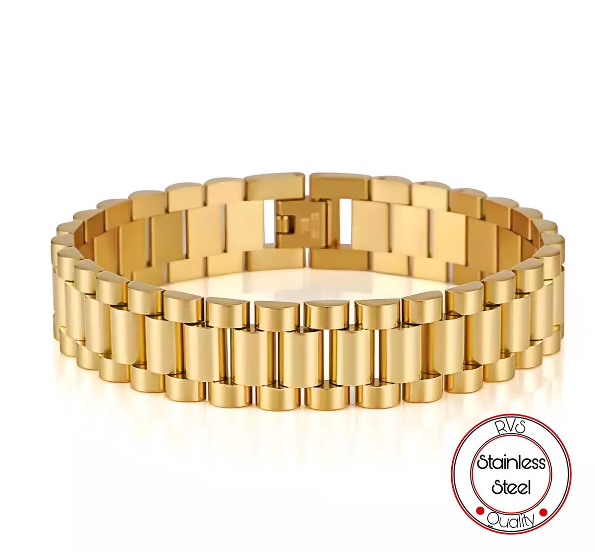 Presidente stijl armband | Horlogeband Stijl | Goud kleurig | Staal | Armband Mannen | 15mm | Mannen Cadeautjes | Cadeau voor Man | Pin Remover | Vaderdag | Vaderdag Cadeau | Valentijn | Valentijnscadeau