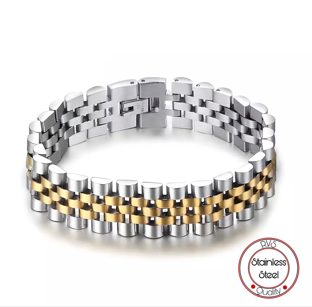 Jubilee Stijl Armband | Horlogeband Stijl | Zilver&Goud | Armband Mannen | Staal | 15mm | Cadeau voor Man | Pin Remover | Vaderdag | Vaderdag Cadeau