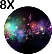 BWK Luxe Ronde Placemat - Kleurrijke Muzieknoten op Zwarte Achtergrond - Set van 8 Placemats - 40x40 cm - 2 mm dik Vinyl - Anti Slip - Afneembaar