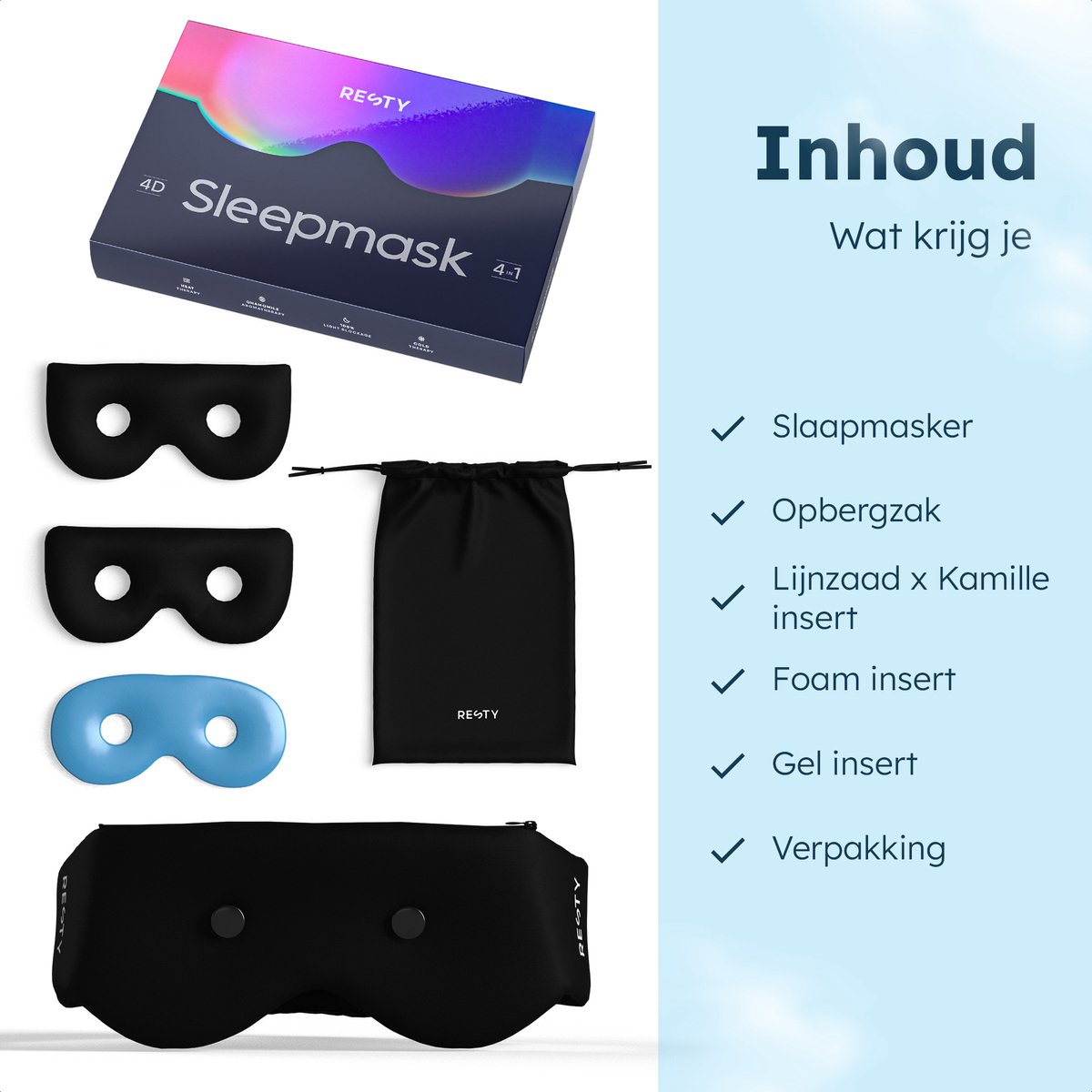 Resty® 4-in-1 Slaapmasker – 100% Lichtdicht – Koelen/Verwarmen/Aromatherapie – 3 Inzetstukken – Comfortabele 4D-pasvorm — afbeelding 2