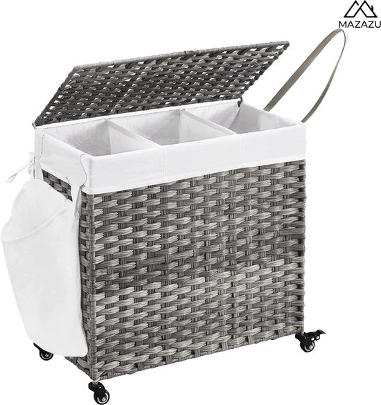 MIRA Home - wasmand met wieltjes - wasopberger - grijs - metaal/katoen - 66x33x60