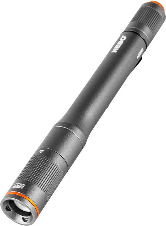 Grijze aluminium penlamp met oranje accenten, liggend.