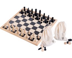 foto van Houten dam- en schaakbord met schaakstukken en damstenen - compleet inclusief gratis luxe katoenen tasjes