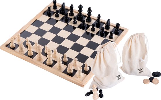 Houten dam- en schaakbord met schaakstukken en damstenen - compleet inclusief gratis luxe katoenen tasjes