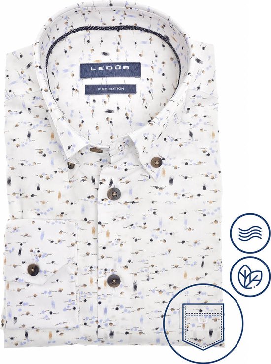 Ledub modern fit overhemd - wit met dessin - Strijkvriendelijk - Boordmaat: