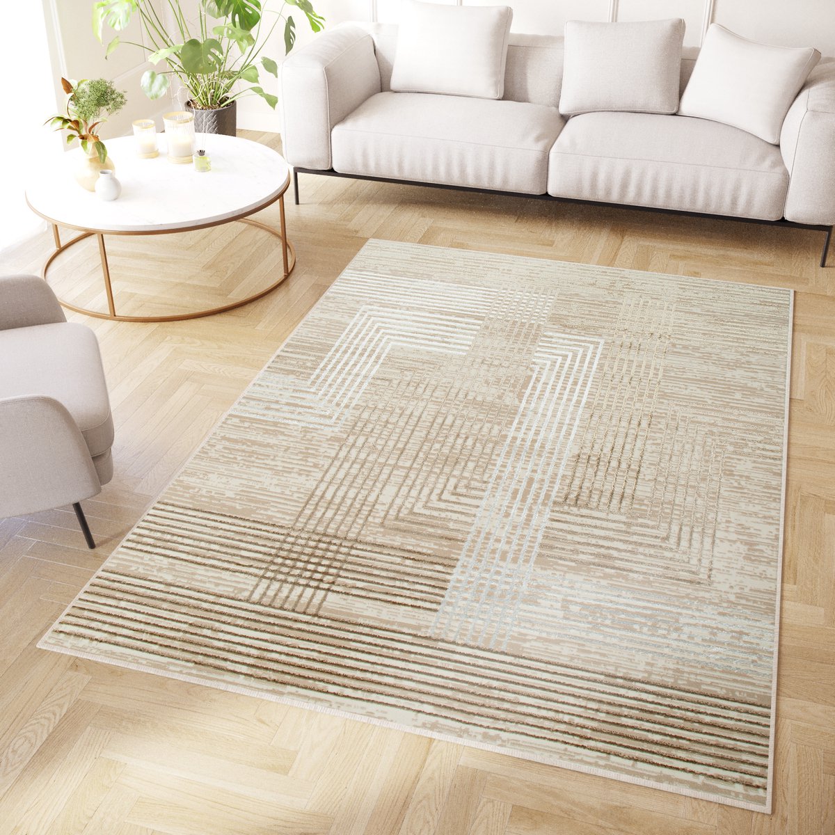 Tapiso Crystal Vloerkleed Beige Creme Lijnen 3D Effect Tapijt Maat- 160x220