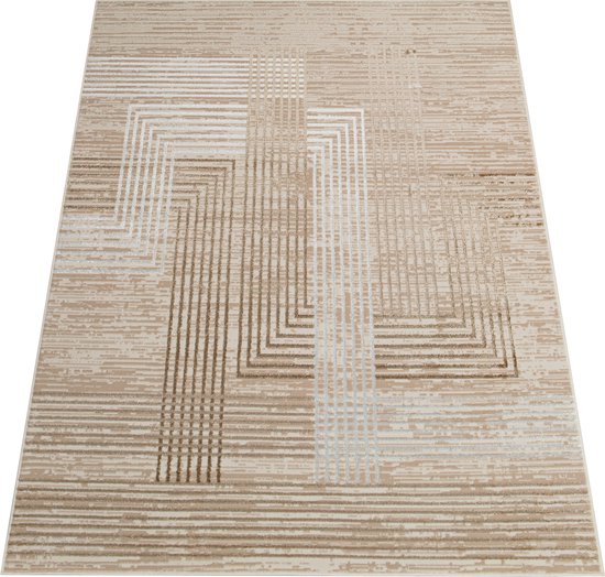 Beige en bruin vloerkleed met geometrische lijnen en 3D-effect.
