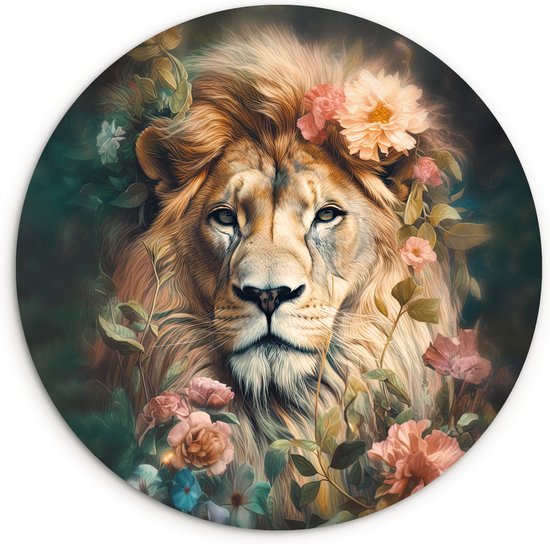 WallCircle® Wandcirkel 60x60 cm - Muurcirkel Leeuw - Wilde dieren - Bloemen - Jungle Leeuwenkop - Muurdecoratie cirkel woonkamer - Wanddecoratie slaapkamer - Kamer decoratie accessoires - Ronde schilderijen - Woonaccessoires binnen