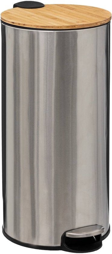 5Five prullenbak/pedaalemmer Bamboe - RVS zilver - metaal - 30 liter - 38 x 29 x 60 cm - keuken