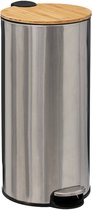 5Five prullenbak/pedaalemmer Bamboe - RVS zilver - metaal - 30 liter - 38 x 29 x 60 cm - keuken