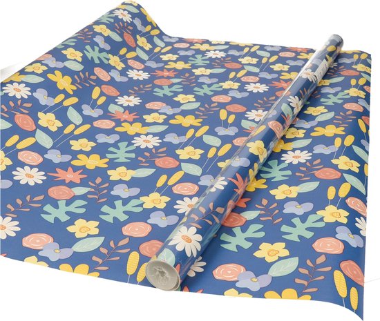 Foto: Inpakpapier cadeaupapier blauw met gekleurde bloemen design 200 x 70 cm verjaardag kadopapier