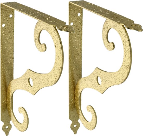 AMIG Support d'étagère/support/support mural Baroque - 2x - métal - laiton - H150 x L115 mm - Jusqu'à 90 kg - supports d'étagère