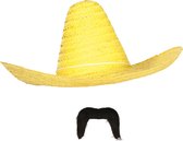 Carnaval verkleed set - Mexicaanse sombrero hoed met plaksnor - geel - heren