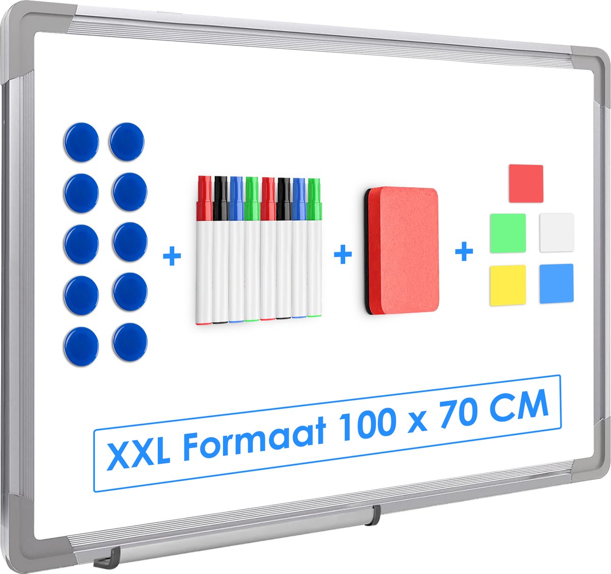 Duerté - Whiteboard XXL Magnetisch met Stiften - 100X70 CM inclusief wisser - 23 Delig set - Schoolbord met stiften zwart - Krasvast Memobord - Emaille Magneetbord - Duerté