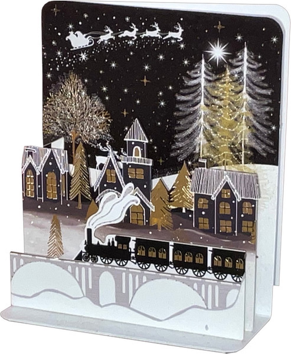 Train, Village and Santa's Sleigh Flying Across the Night Sky 3D Pop-Up Christmas Card 2x