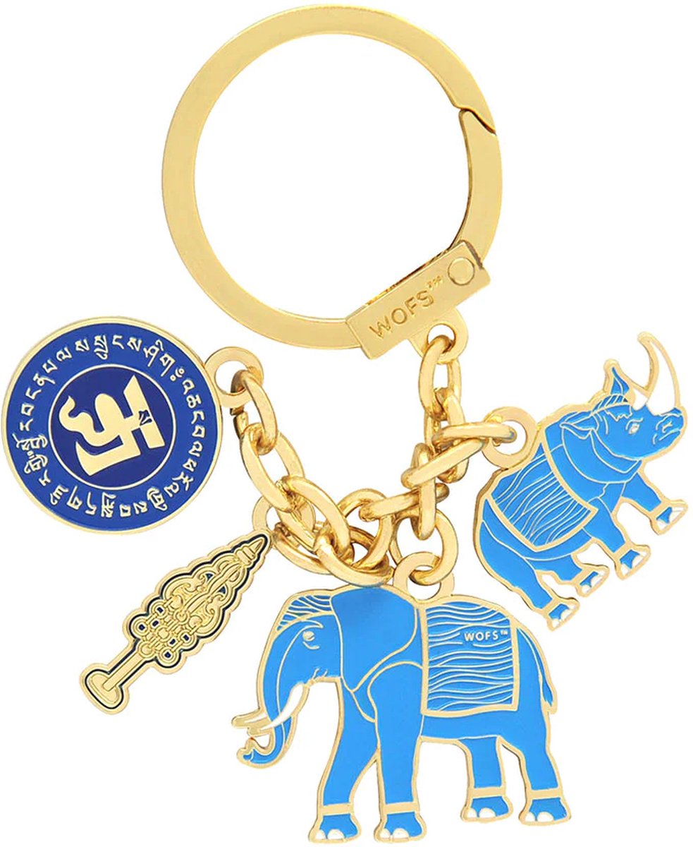 Sleutelhanger blauw Olifant, Neushoorn met ksitigarbha staaf amulet 2024