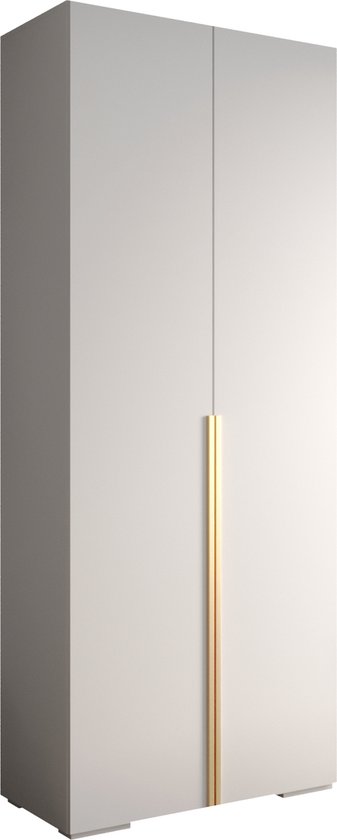 Armoire de rangement Armoire avec 2 portes battantes Armoire armoire de chambre Tringle à vêtements avec étagères | Poignées Dorées, armoire élégante, style glamour (LxHxP) : 100x237x47 cm - IVONA 1 (Wit, 100 cm)