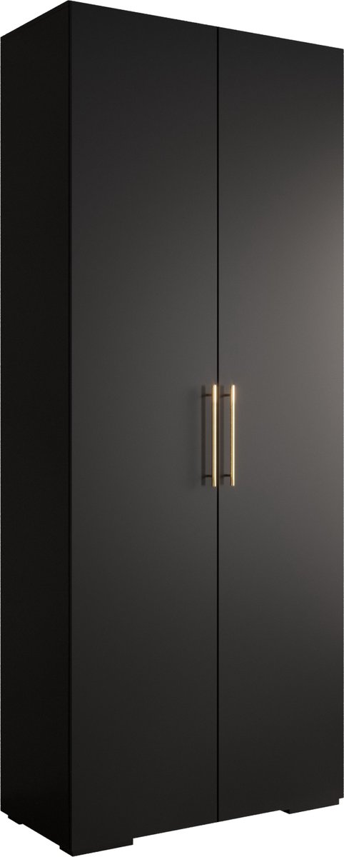AJE Meubles B.V. Opbergkast Kledingkast met 2 draaideuren Garderobekast slaapkamerkast Kledingstang met planken | Gouden Handgrepen, elegante kledingkast, glamoureuze stijl (LxHxP): 100x237x47 cm - IVONA 3 (Zwart, 100 cm)
