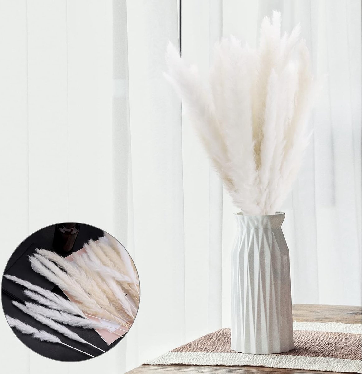 meerklose Wit naturel, gedroogd pampasgras, 30 stuks, 40 cm, kunstmatig, boho, home decor, natuurlijke Phragmites Communis, gedroogde bloemen voor vazen, bloemenboeket, bruiloften, vakantie, feestdecoratie wit-biege