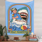 Stay Positive - Spandoek voor in de kamer - Blijf positief - Haai - Zwemmen - Duiken - Zee - Strand - Kinderkamer - Slaapkamer - Kind - Poster